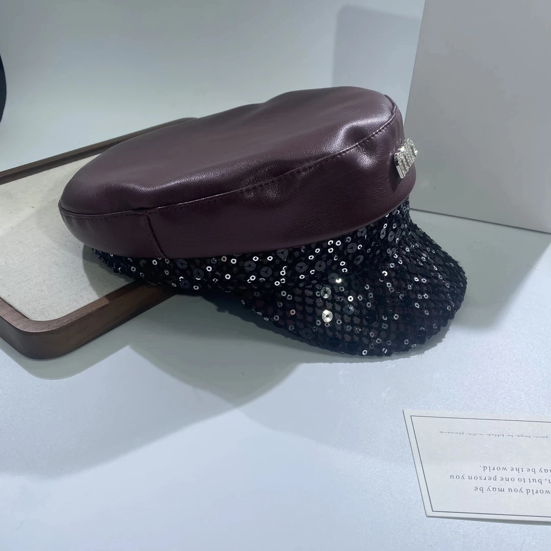 04903大淇原创秋冬复古气质亮片平顶安哥拉红长珠八角帽