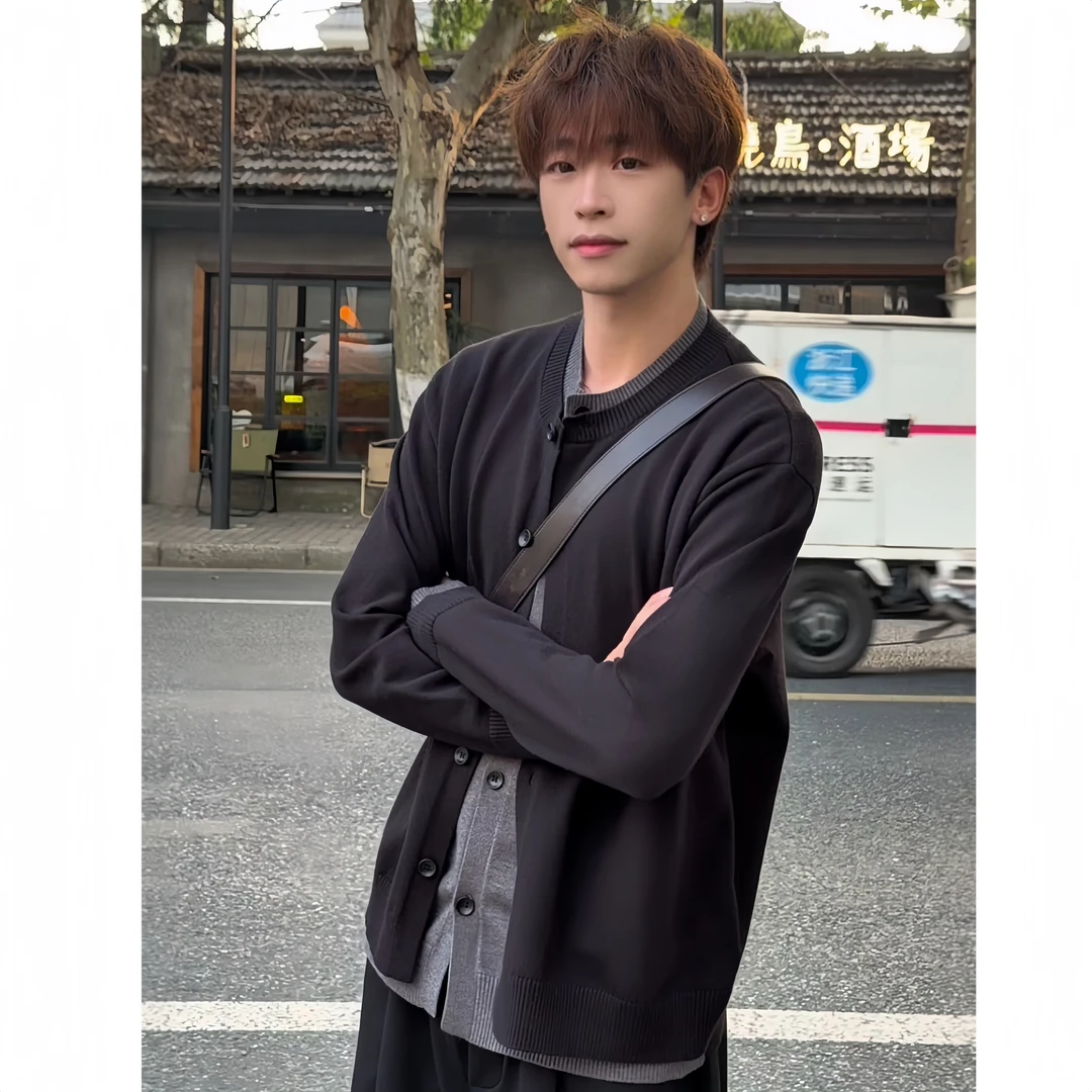 IJT studio秋冬休闲纯色绵羊毛假两件慵懒叠穿针织开衫上衣26076