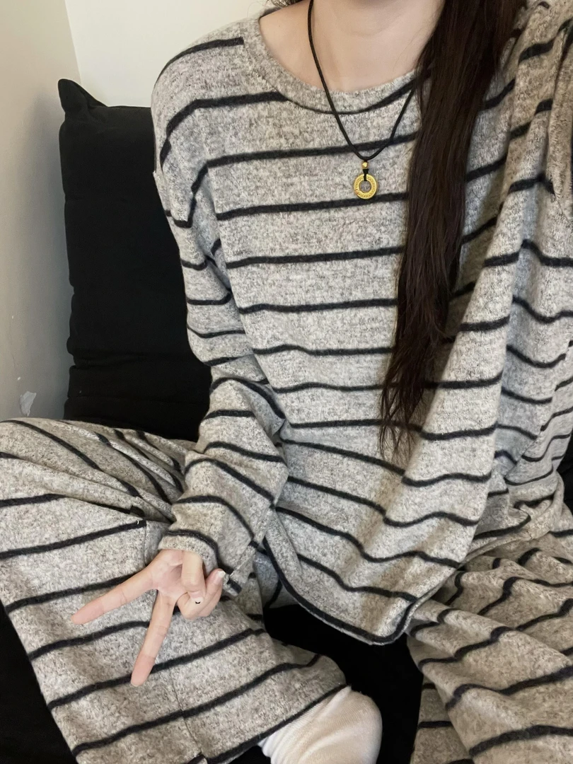 甜美少女简约条纹德绒睡衣女秋冬季新款加厚慵懒风保暖家居服套装