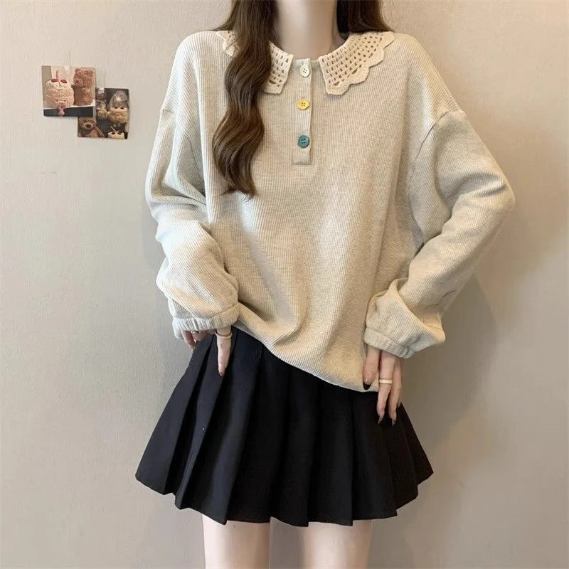 娃娃领彩色扣燕麦色正肩卫衣大码女装2025秋冬胖打底衫减龄上衣
