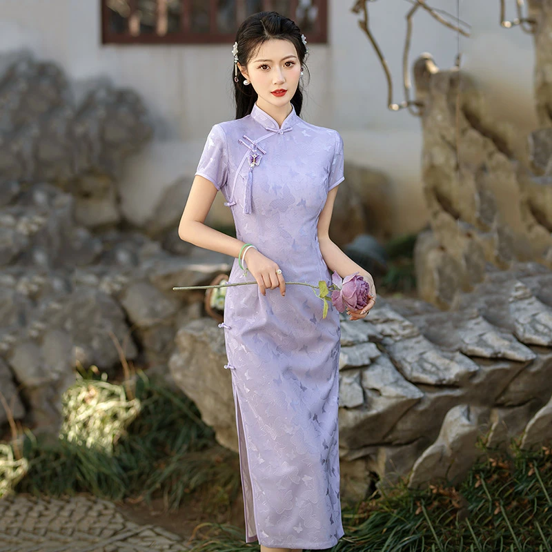 弹力收腰+单层送挂坠+紫色国风中式复古改良旗袍年轻款D18861