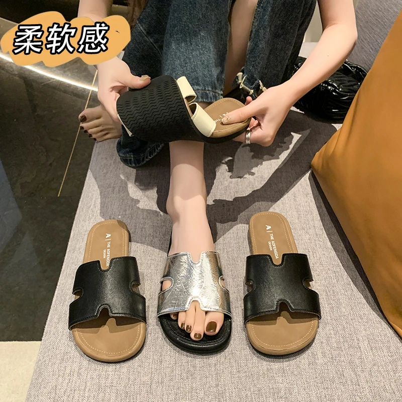 2025法式大牌平底H拖鞋外穿夏季新款懒人时尚休闲软底沙滩一字拖