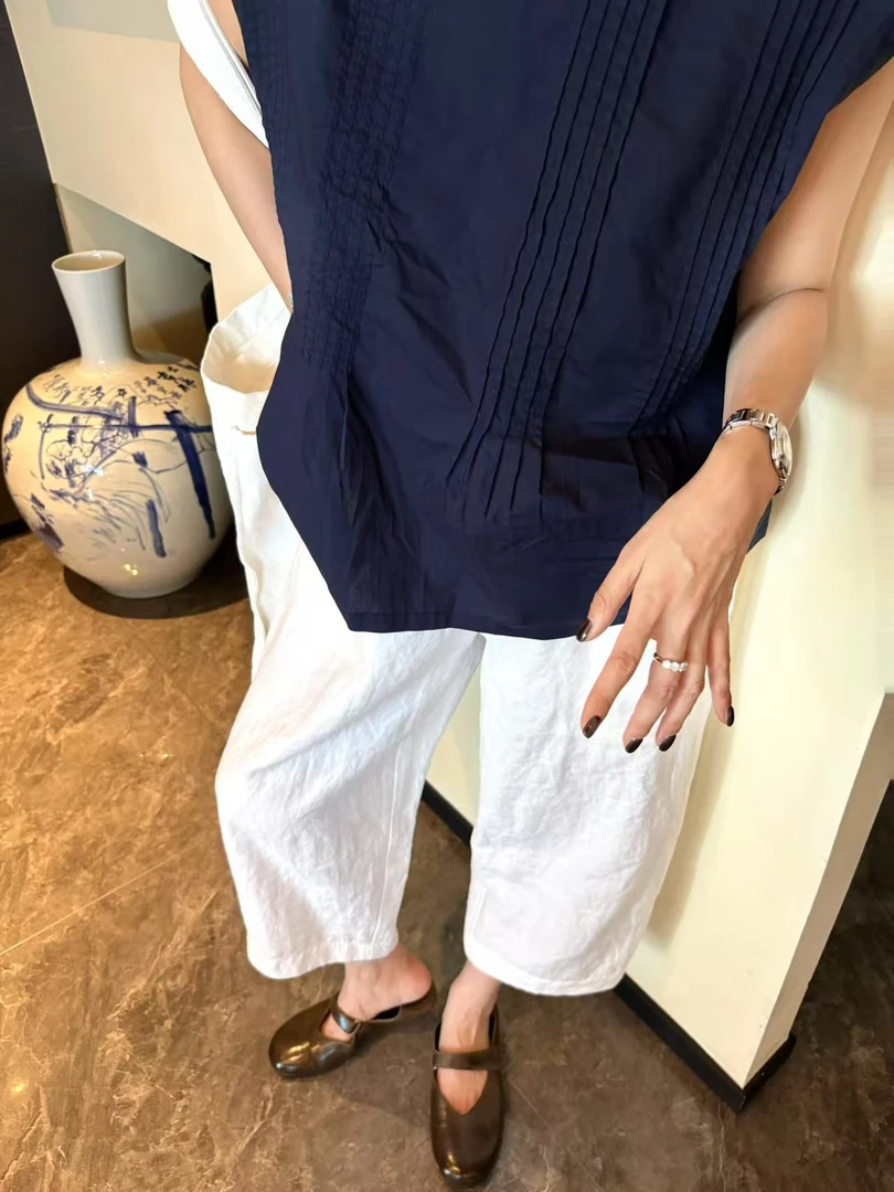 设计师褶皱无袖衬衫 no退no换