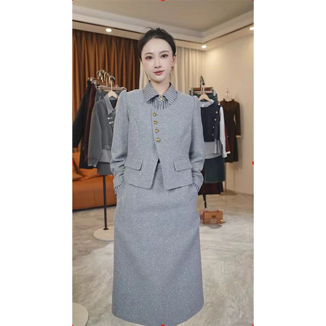 L636 2024年秋季法式套装时尚洋气减龄显瘦遮肉拼接连衣裙＋外套