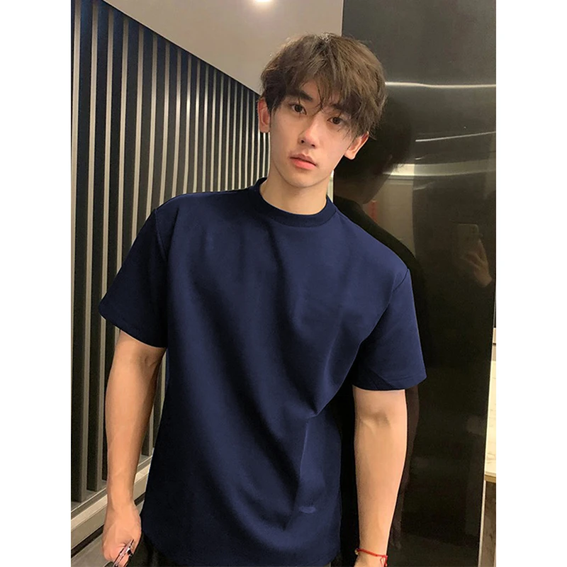 藏青色美式重磅t恤男高级感夏季穿搭新疆棉短袖cleanfit打底半袖