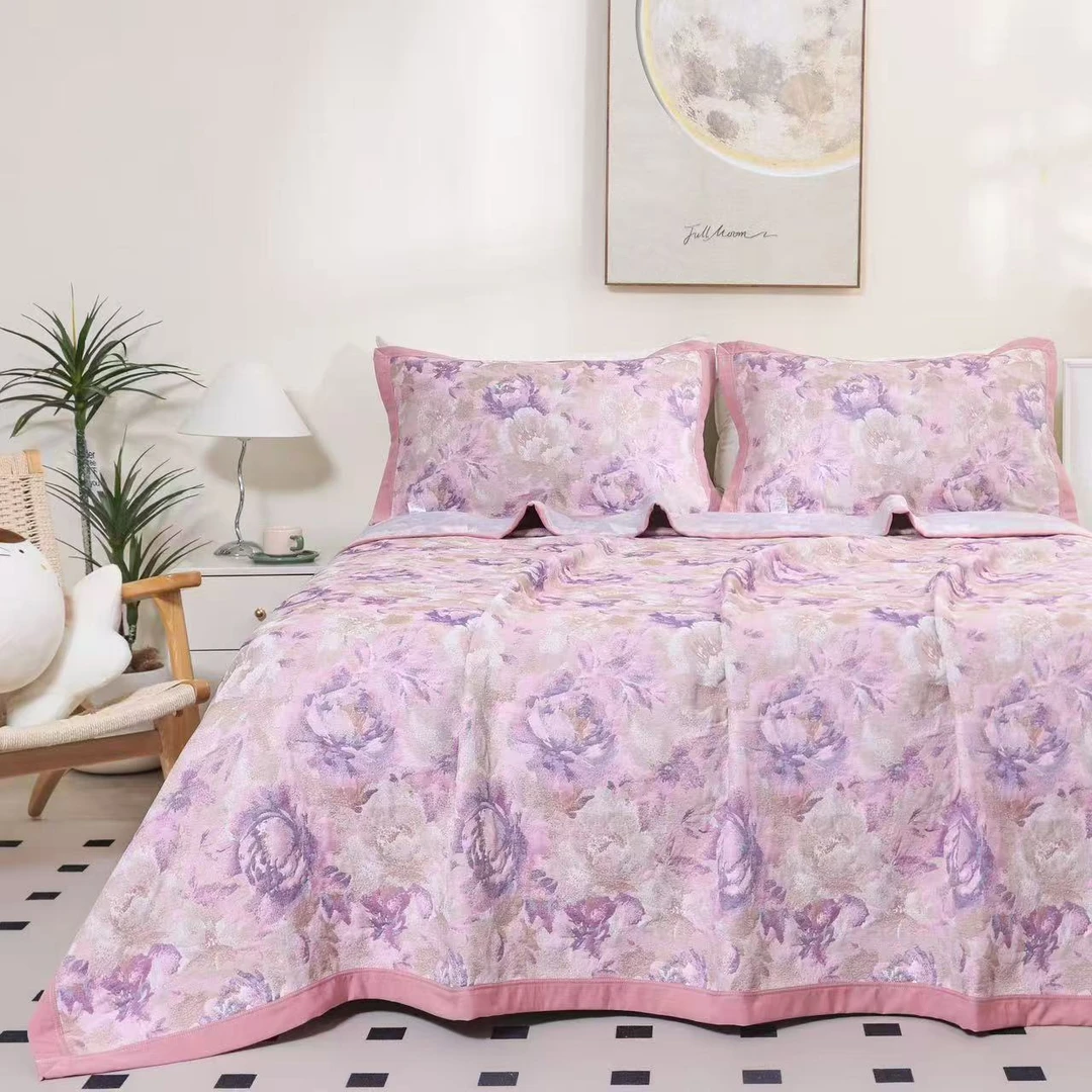 粉色雾中花影--200*230多层纱布加厚床盖