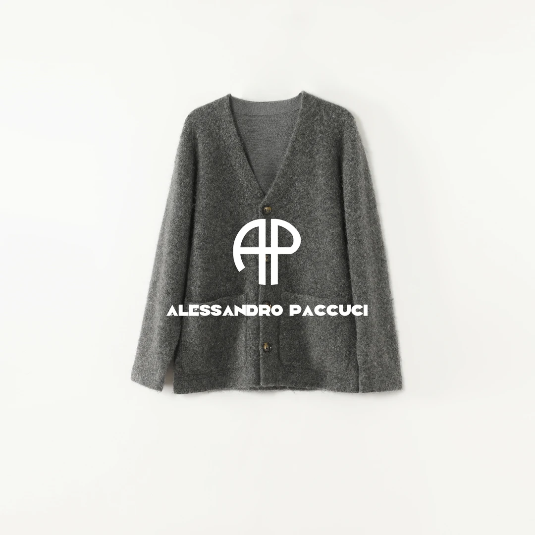 AP洛哥53180SK绵羊毛+马海毛V领绒感简约两色时尚百搭针织开衫