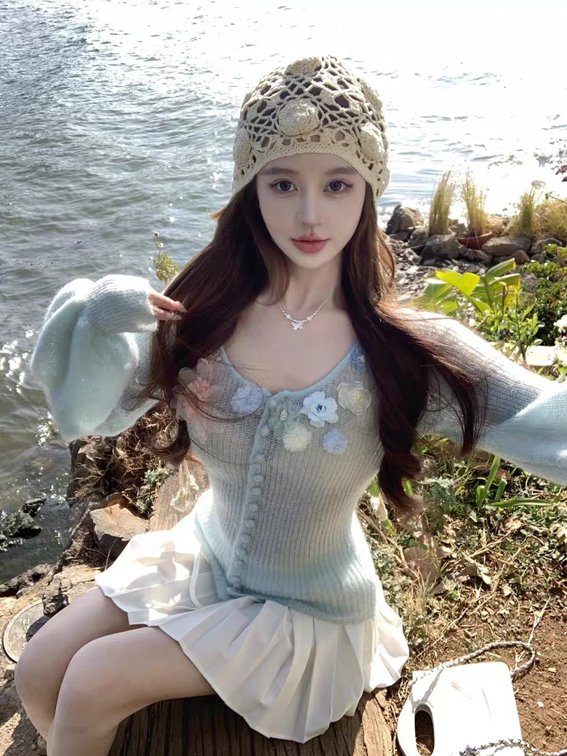 【花开半夏】手工订花针织开衫女春季打底绝美毛衣上衣