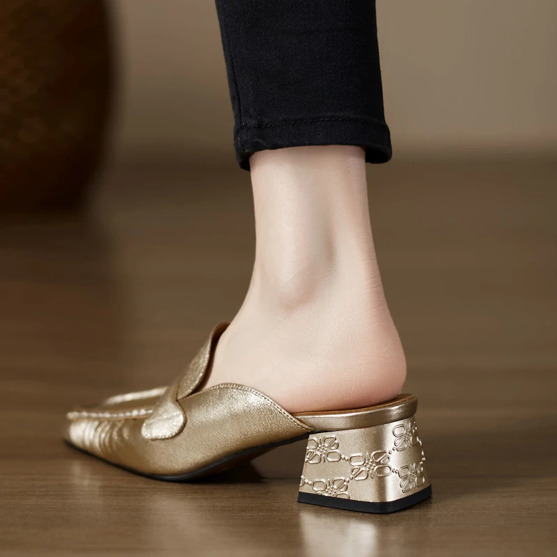 4.5cm~法式粗跟拖鞋金色包头半拖鞋女外穿夏季新款方头百搭穆勒鞋