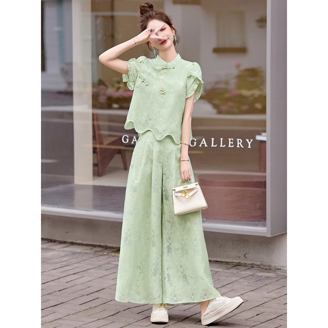 新中式国风套装女夏轻奢高级感复古盘扣阔腿裤气质名媛显瘦两件套