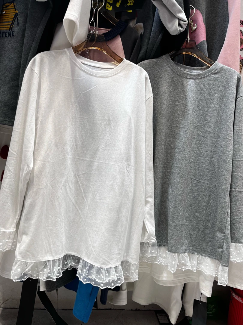 26199 韩雪花棉下摆蕾丝中长款T恤长袖女简约风百搭打底ins