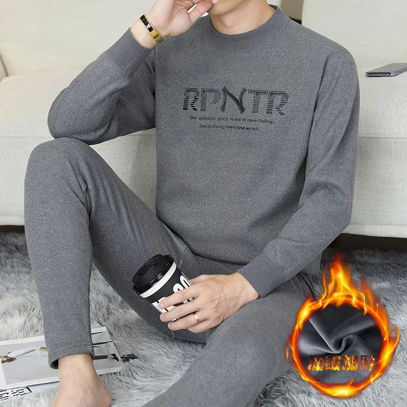 字母冬季青少年保暖内衣套装男士加绒加厚特厚圆领秋衣秋裤套装可