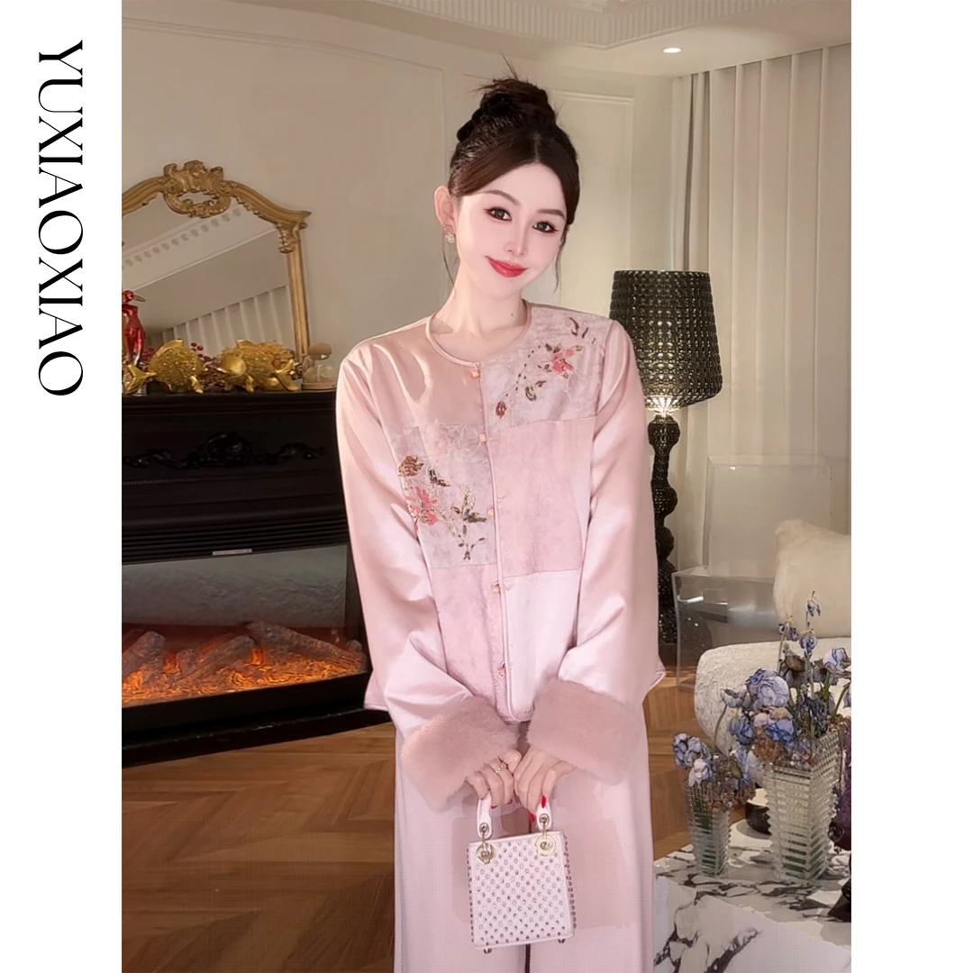 余潇潇【琼华赋】精致提花醋酸拼接珠片刺绣水貂袖口圆领国风外套