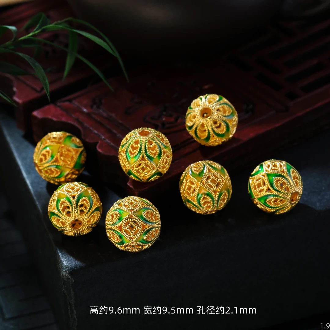 【金豆工厂】18K金烧蓝莲花铜钱币隔珠圆珠顶珠（厚5D金）H