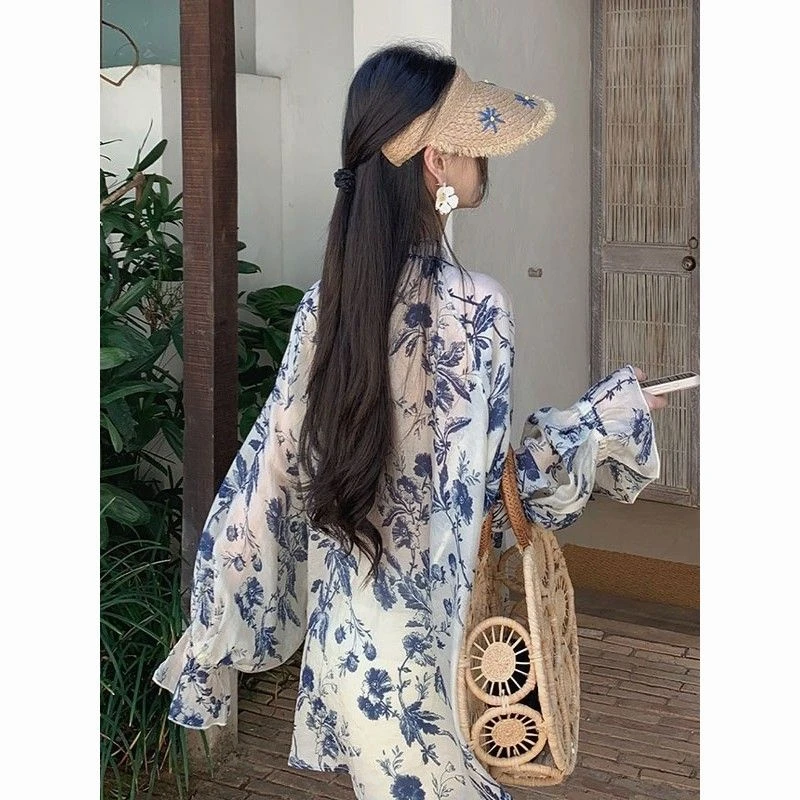 小清新水墨印花系带防晒衬衫女夏季设计感小众宽松慵懒超好看上衣