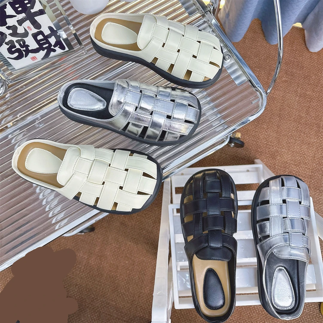 包头半拖鞋女夏外穿新款法式复古仙女士海边沙滩平底罗马编织凉拖