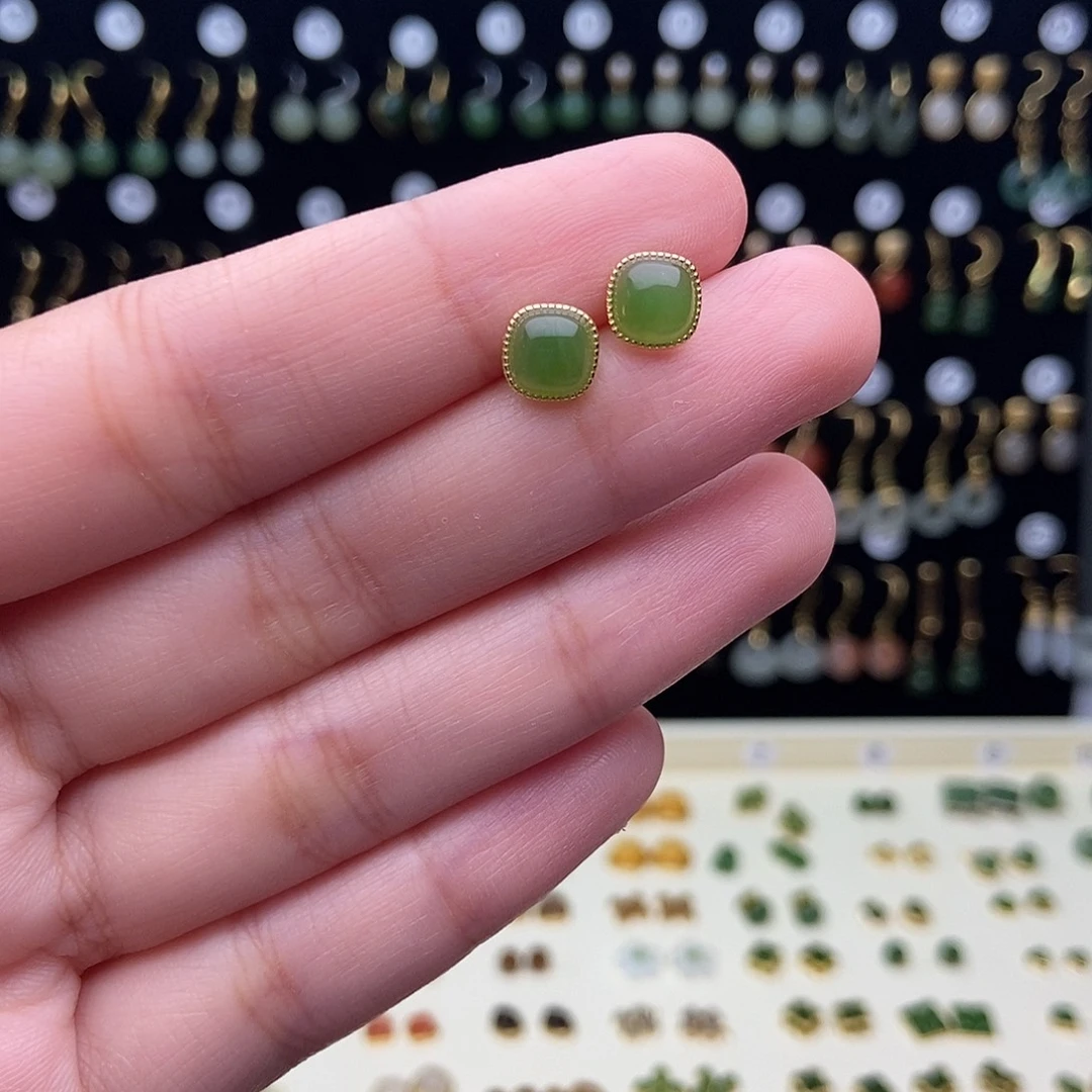 和田玉银S925镀金镶嵌耳饰