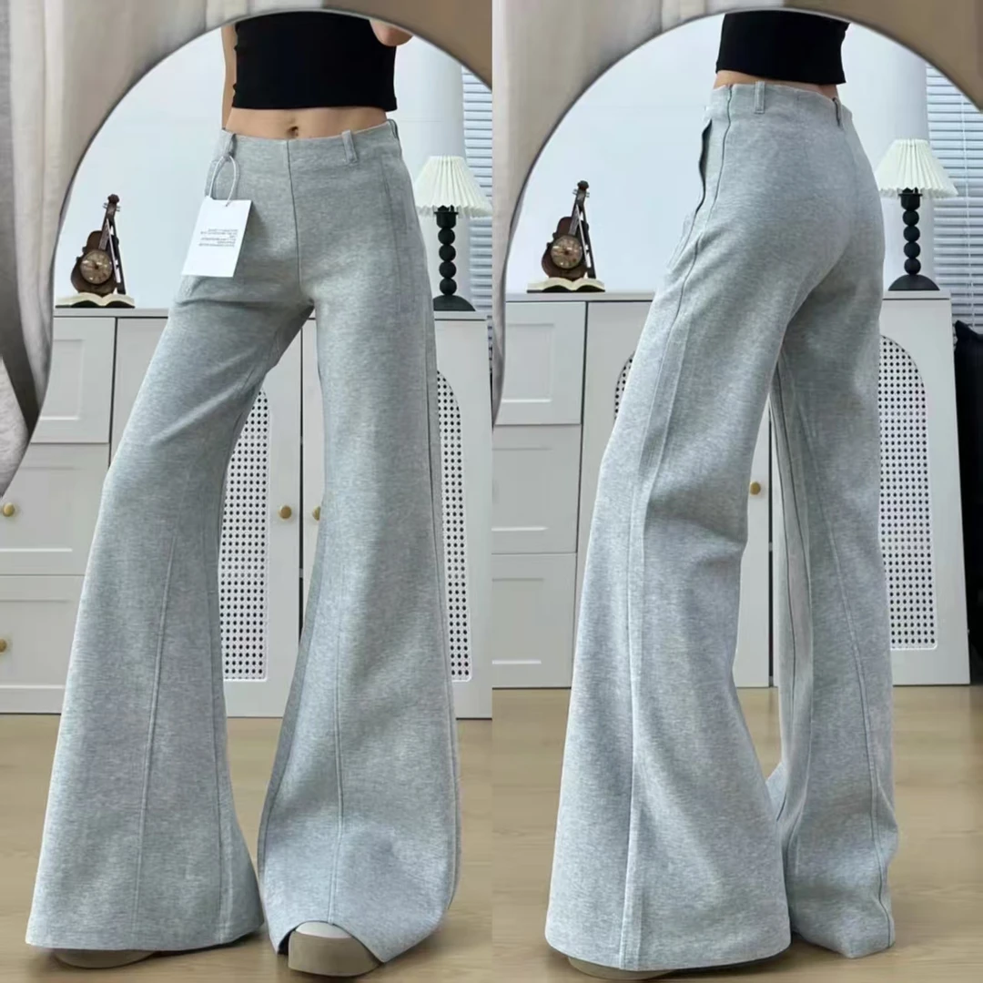 灰色低腰微喇裤女2025秋季新款高级感垂感宽松显瘦阔腿拖地休闲裤