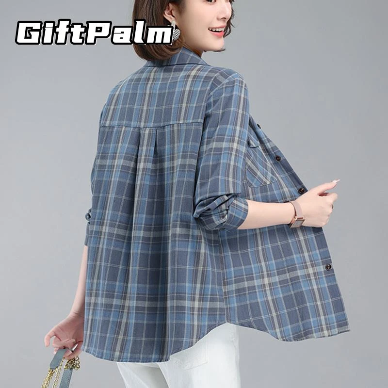 GiftPalm格子衬衫长袖妈妈春秋装新款中年洋派大尺码宽松洋派上衣