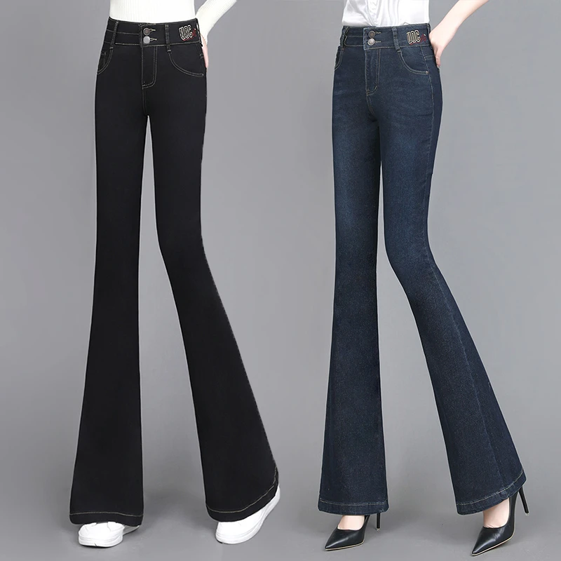 2025春秋冬季刺绣修身气质时尚牛仔裤复古洋气喇叭长裤女百搭