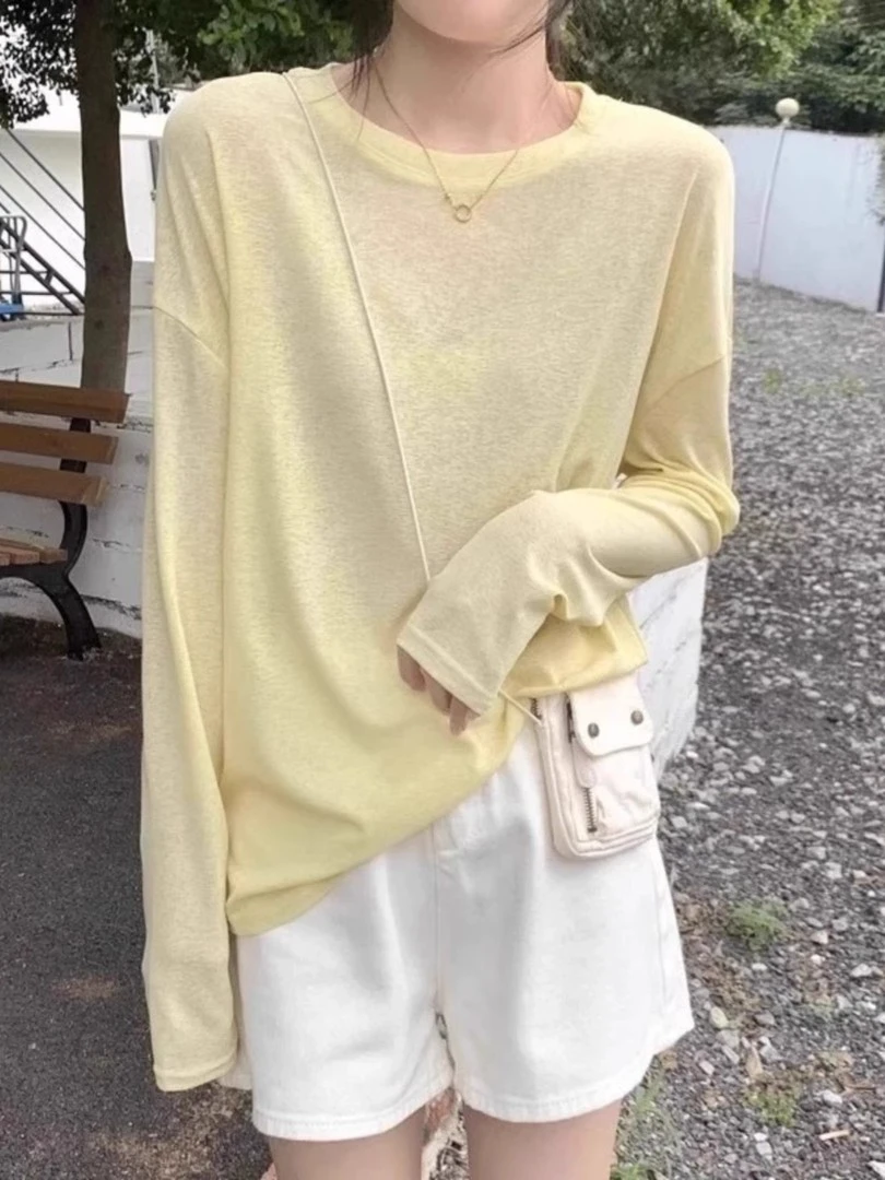 奶油黄轻薄冰丝防晒罩衫女202夏季微透宽松松弛感百搭瘦瘦T上衣