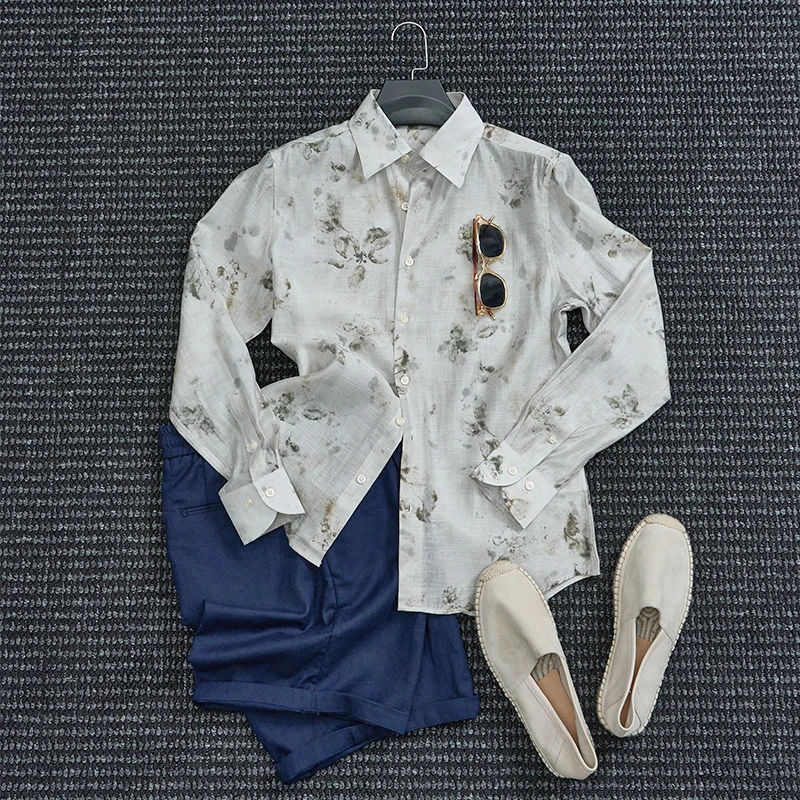 那不勒斯皇后醋酸天丝夏季薄款长袖花衬衫休闲男绅士时尚帅气衬衣