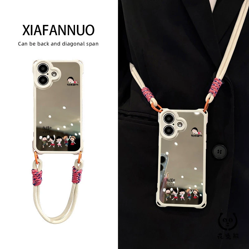 适用苹果16手机壳iPhone15promax镜子13防摔小众挂绳斜跨樱桃丸子