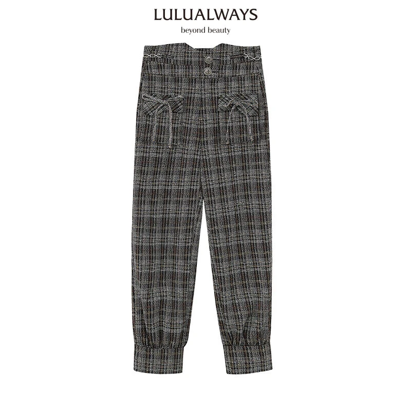 LULUALWAYS冬季新款复古高腰格子蝴蝶结直筒休闲裤
