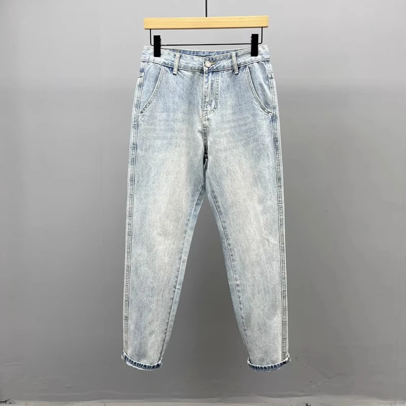 潮牌斜口袋浅蓝色牛仔裤男高街复古修身弹力九分裤潮流休闲长裤子
