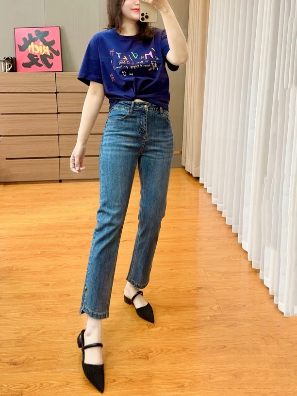 御妍婷2528烟管牛仔裤显瘦中腰高弹力九分裤女百搭窄版直筒裤
