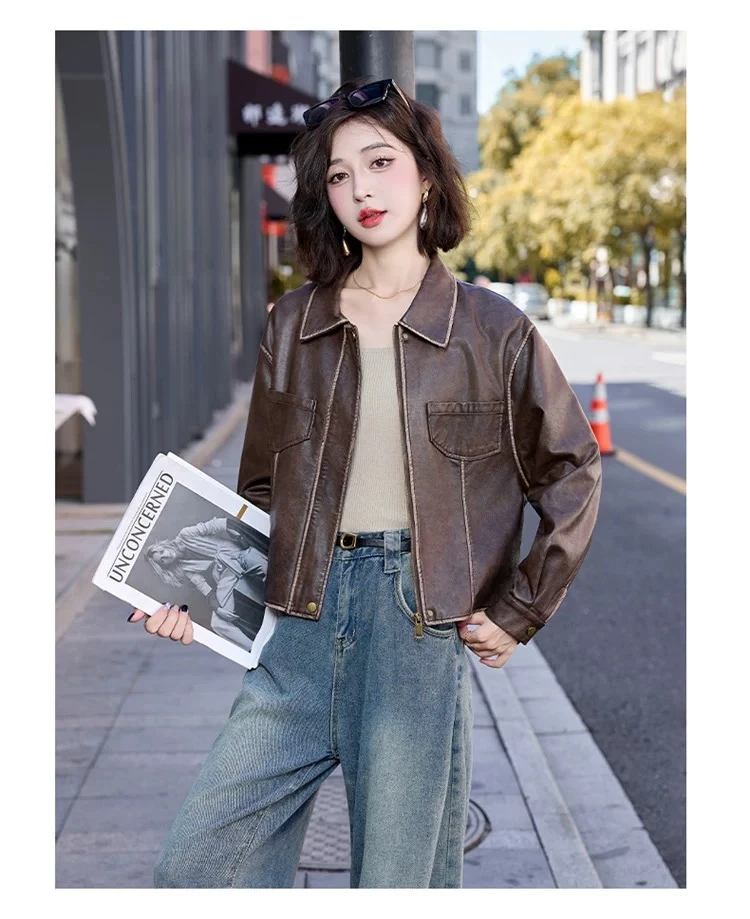 2025新款海宁皮衣女外套短款翻领港风美拉德春季皮夹克