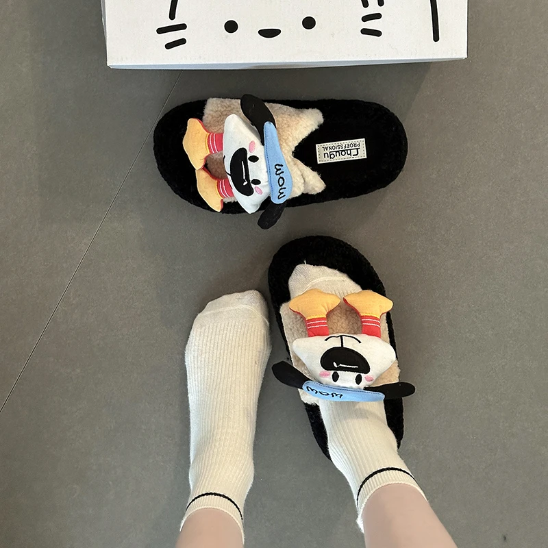 可爱卡通魔术贴帕恰狗毛毛拖鞋女2025秋冬新款居家外穿厚底棉拖鞋