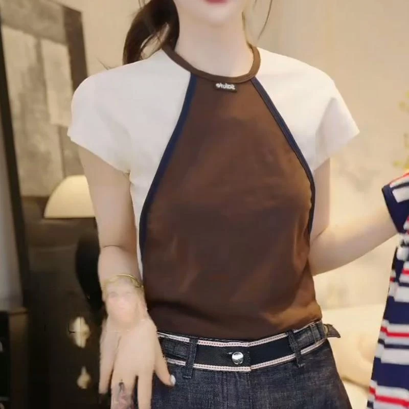 洋气拼接设计感上衣2025夏季小众减龄撞色减龄百搭短袖T恤女