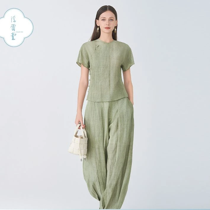 「浮云堂.风」烟岚.中式莱赛尔天丝衬衫女2025夏绿色上衣裤子套装