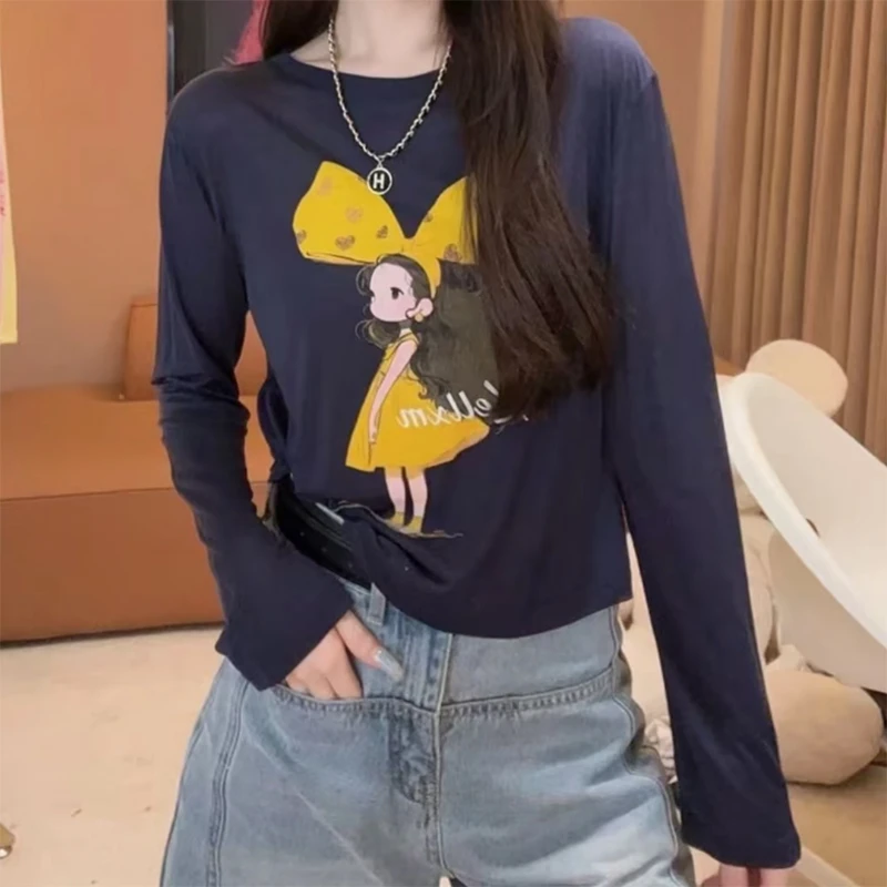 韩版修身长袖防晒T恤女2025夏季新款卡通女孩趣味印花超好看上衣