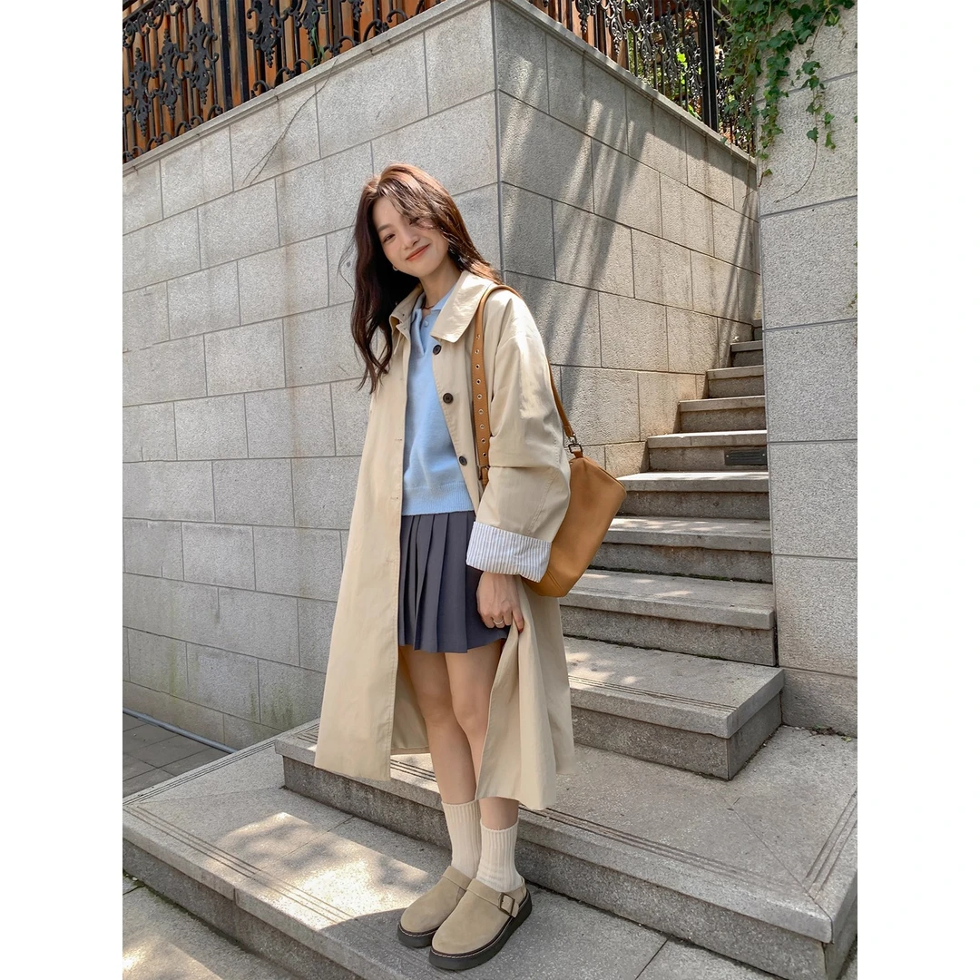2025秋季新款小个子韩系拼接条纹袖廓形风衣外套女中长款休闲宽松