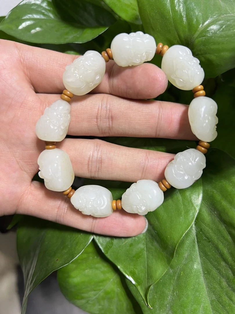和田玉手工十八罗汉手串和田玉玉手串白色时尚雕刻