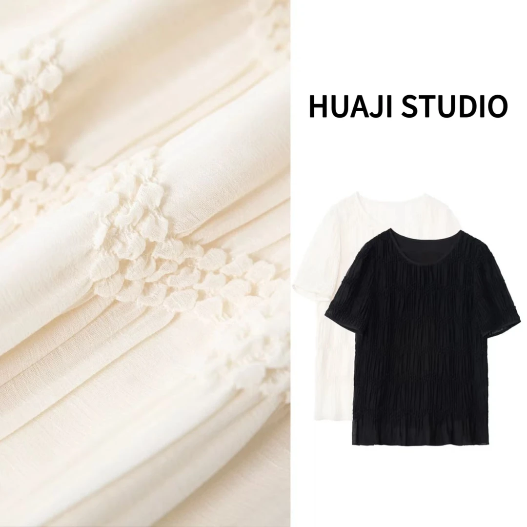 花己夏季新款薄款法式泡泡压褶花边圆领短袖洋气减龄T恤A065