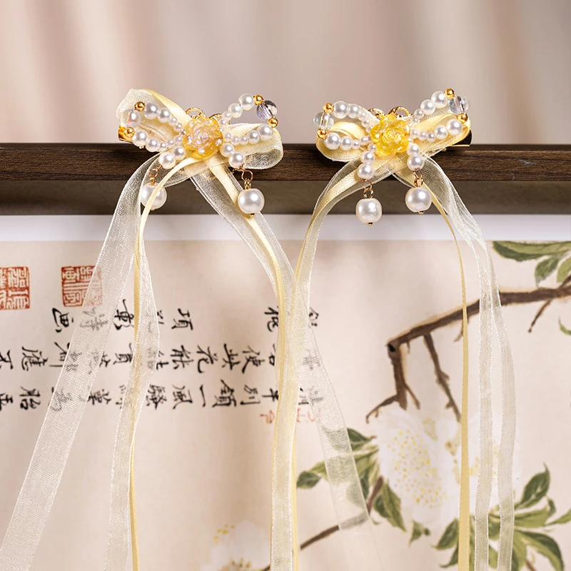 古风黄色飘带玫瑰对夹汉服头饰发饰公主裙配饰