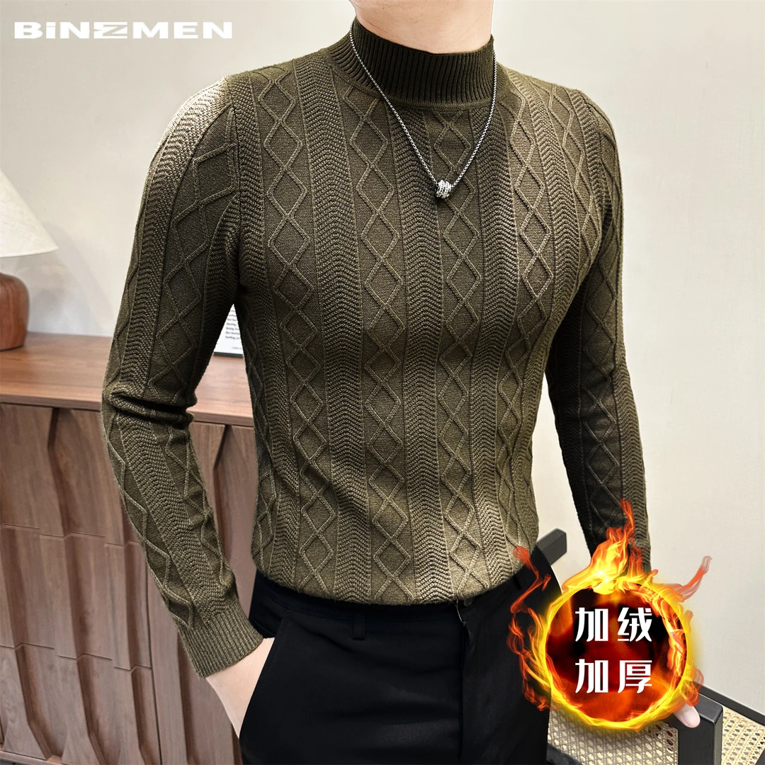 编织提花半高领打底衫男长袖男款秋冬季男士痞帅内搭T恤男装上衣