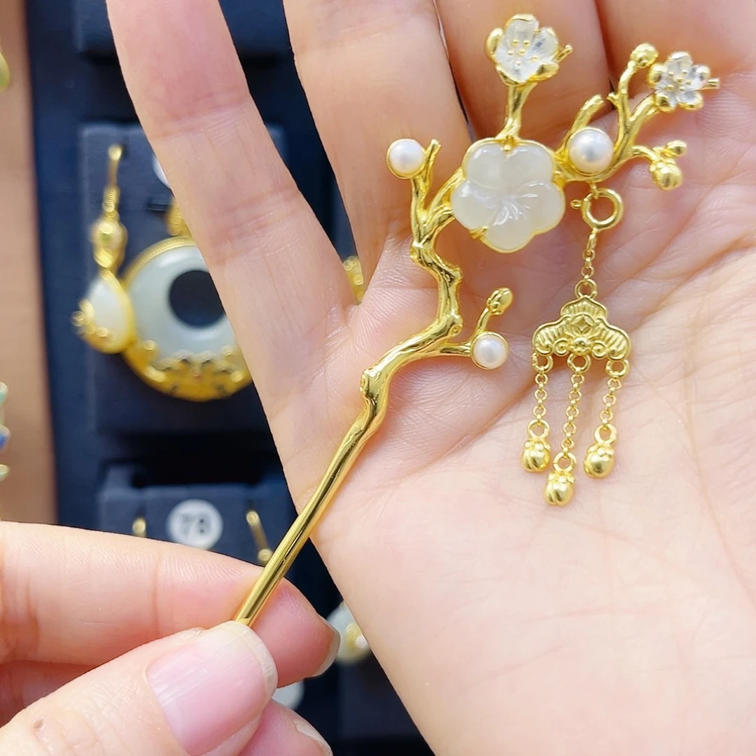 和田玉银S925镀金镶嵌发饰