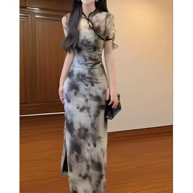 【老四推荐】特体大码中式国风水墨晕染改良旗袍收腰包臀连衣裙9281