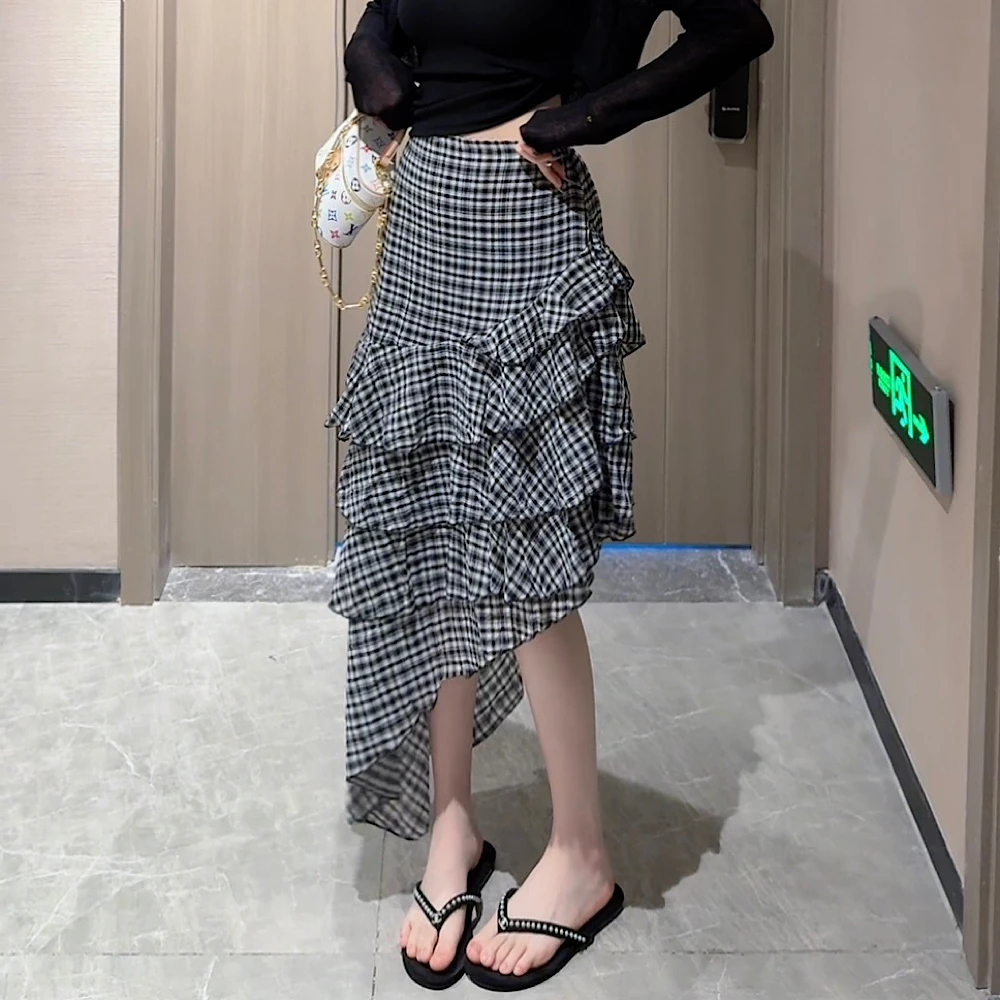 【CCDZ】夏季新品时尚百搭不规则格子蛋糕裙半身裙女