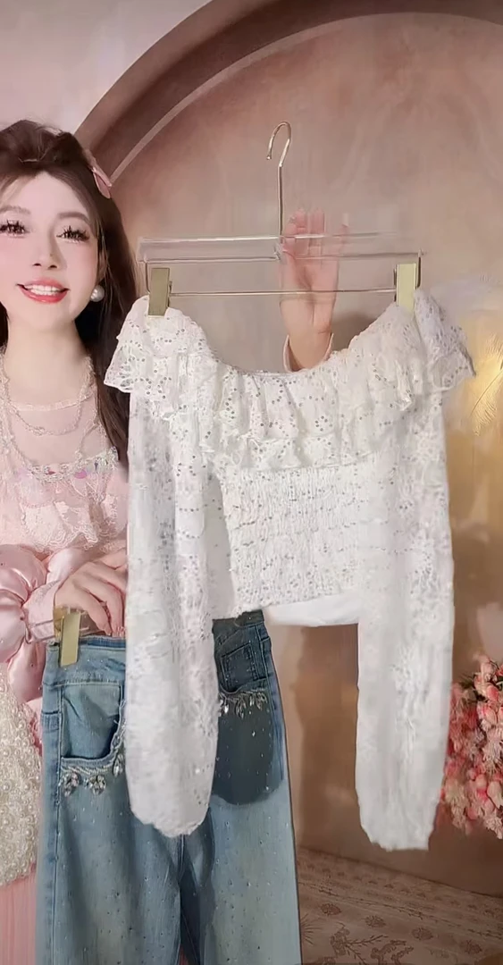 【崔】Z0214 新款超仙漂亮小衫设计感小众蕾丝衬衣女一字肩法式上衣