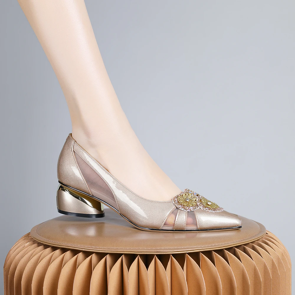 妮彩诗2024年新款欧美设计感侧蕾丝女鞋温柔浅口百搭气质粗跟1601