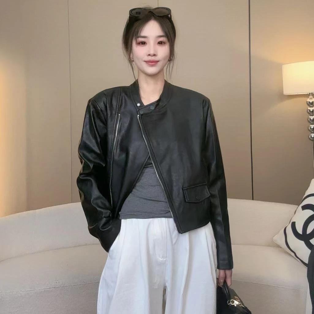 2025年春季新款8654#时尚短款休闲黑色韩版网红女士皮衣短外套