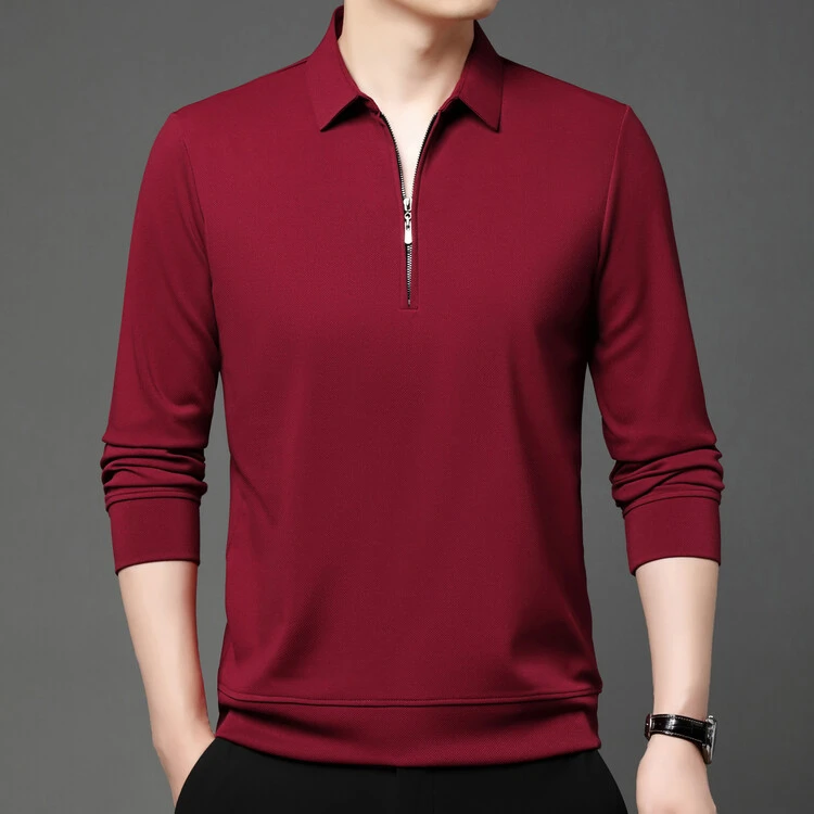 保罗春秋季薄款长袖t恤简约休闲打底中老年纯色大码翻领POLO衫男