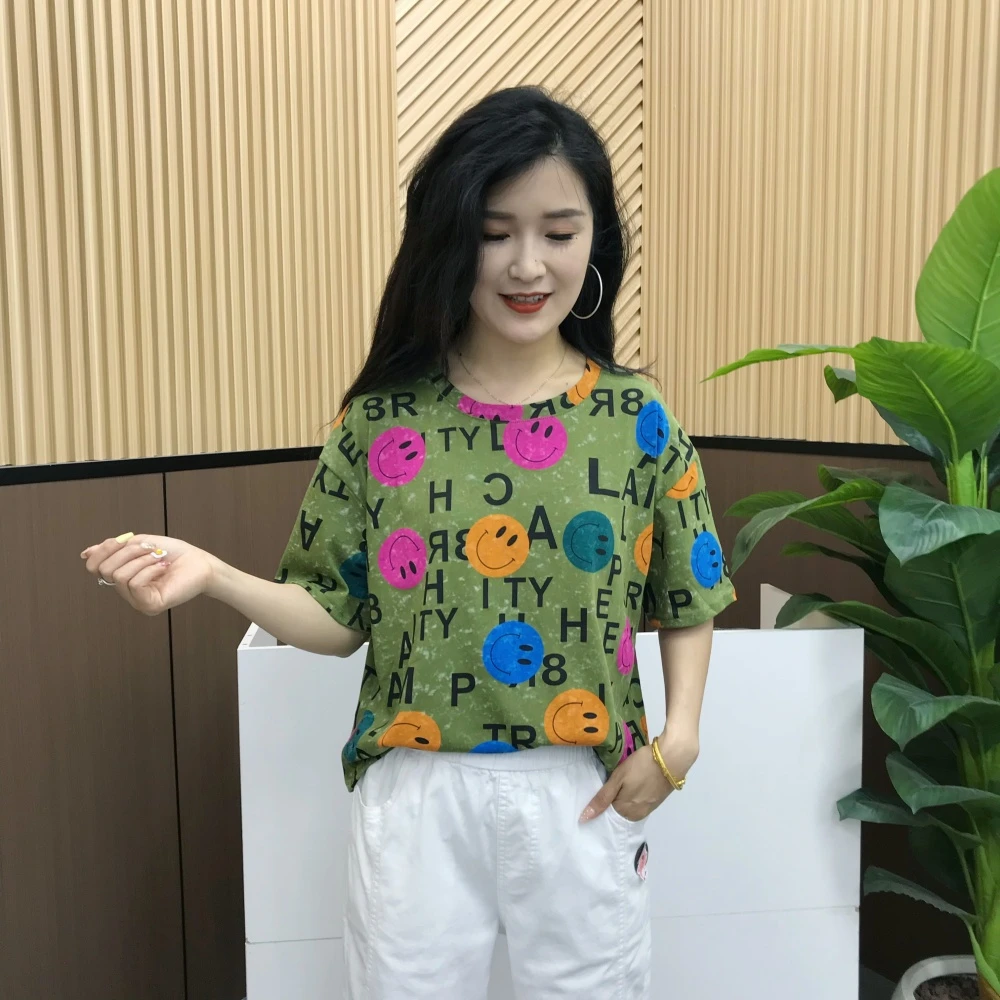 笑脸印花短袖女夏季上衣服宽松2025年新款设计感女士t恤圆领女装