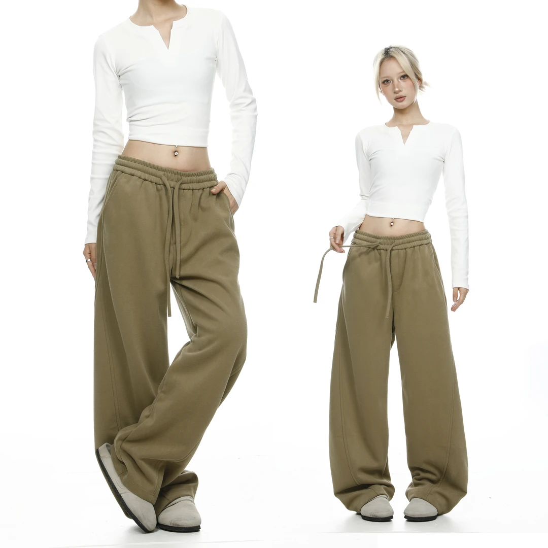 ANSCHALT美式复古中性风弯刀裤纯色休闲阔腿裤宽松显瘦抽绳卫裤男