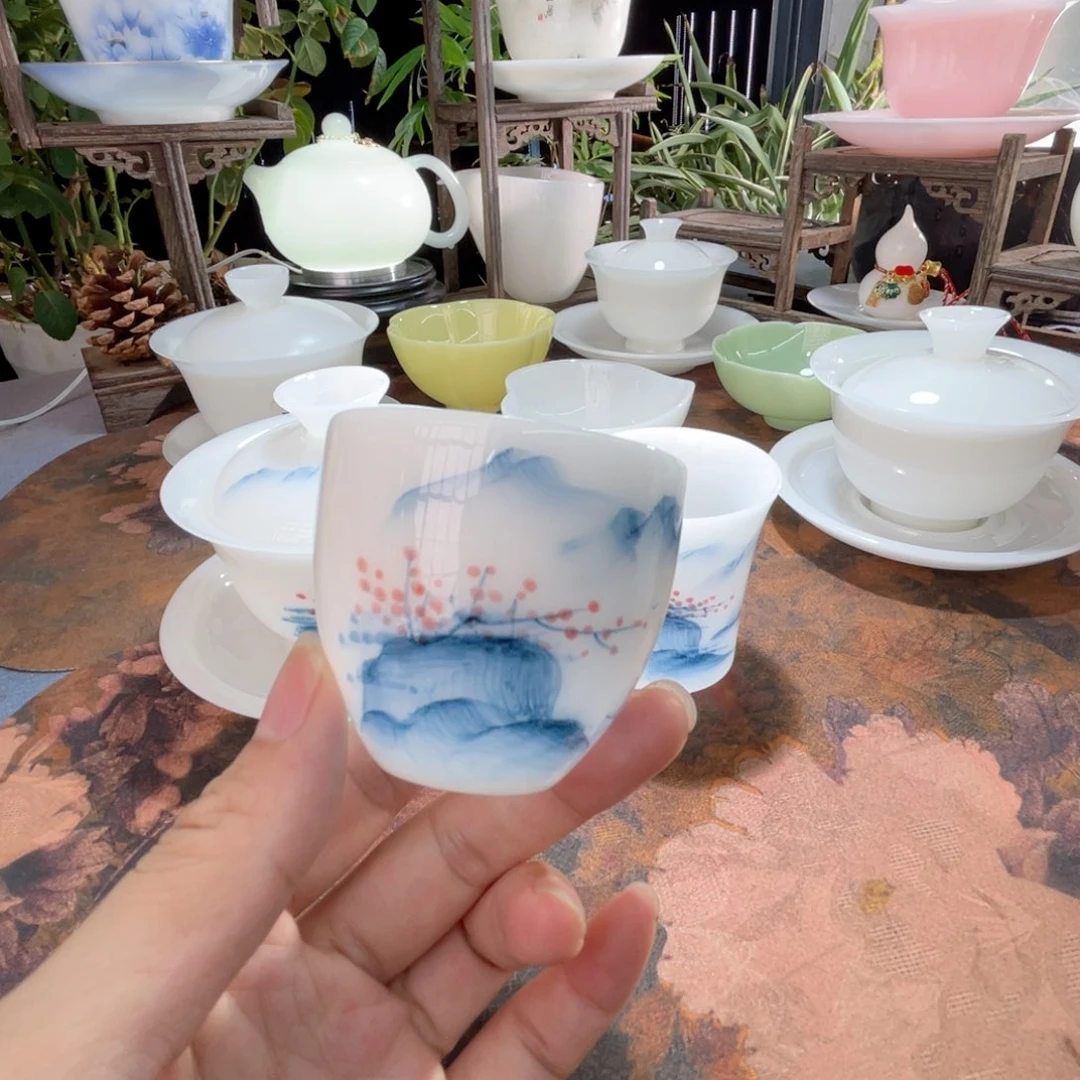 璞玉手绘釉里红山水龙蛋杯